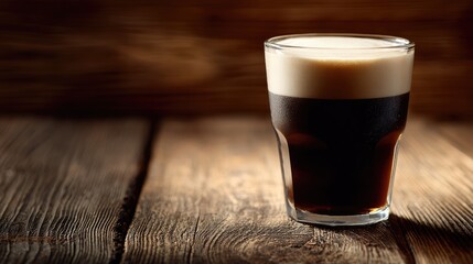 A glass of dark beer with a creamy foam head sits on a rustic wooden table. The background is softly blurred, emphasizing the drink.