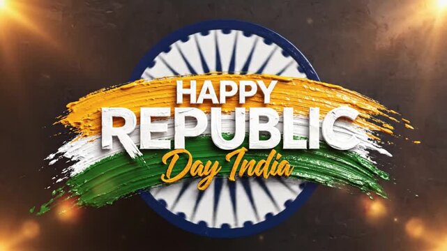Animated Happy Republic Day India tricolor brush paint design with Ashoka Chakra motion background