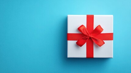 Top view of a gift box with red ribbon on blue background