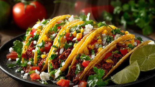 Steaming hot beef tacos with fresh toppings and lime on a rustic wooden table