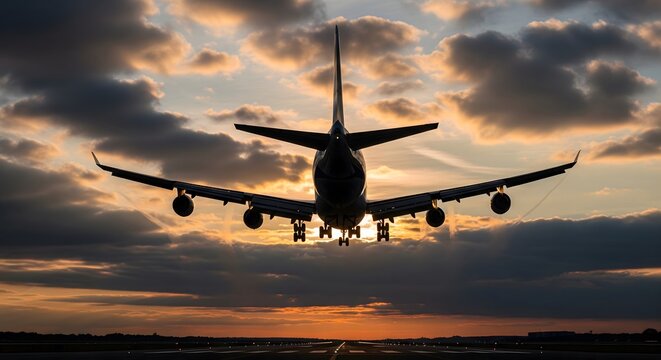 Rear view of a large commercial airplane landing or taking off on a runway at sunset, silhouetted against a dramatic cloudy sky, symbolizing air travel and transportation - Powered by Adobe