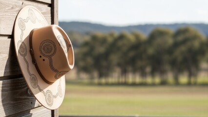 Cowboy hat with Aboriginal patterns, hanging on the wall, greenery Australian ranch backdrop, copy space