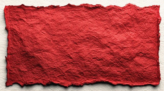 Red handmade paper with torn edges resting on a textured surface, presenting a rough, fibrous appearance and a flat, rectangular shape