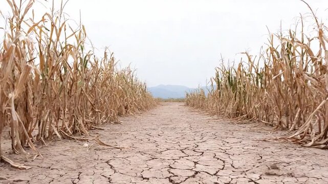 Parched Earth's Embrace: An arid landscape of cracked earth stretches toward the horizon, flanked by withered crops, conveying a sense of drought's harsh reality.