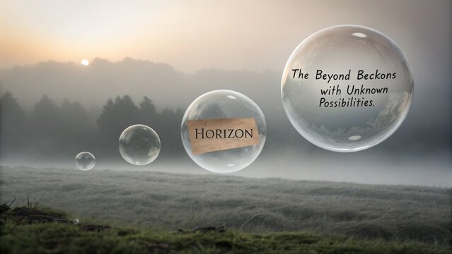 Bubbles with horizon and messages floating in the landscape