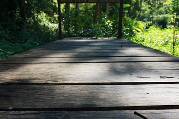 A rustic wooden pathway leads the eye toward a sun-drenched forest, symbolizing a journey toward peace and mindfulness. The soft bokeh and natural shadows create a serene, inviting atmosphere