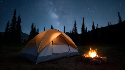A camping tent illuminated from within sits beside a glowing campfire under a vast starry night sky