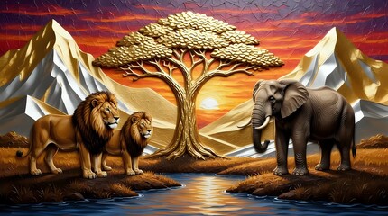 Lions and elephants near a river in forest I Wall Decor 