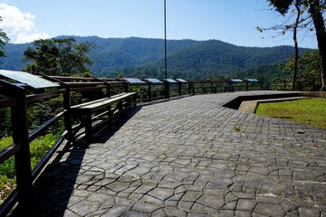 Peaceful morning at a forest viewpoint with green hills background