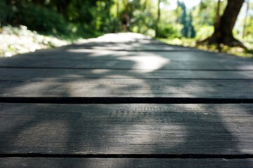 Close-up of a weathered timber boardwalk in a lush park. The shallow depth of field emphasizes the wood texture, making it an ideal background for nature-themed wellness and outdoor lifestyle content