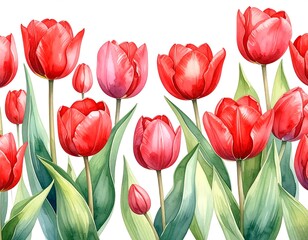 Obraz premium Watercolor illustration of vibrant red tulips in full bloom