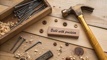 Carpentry tools and materials on a wooden surface