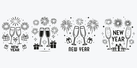 New year concept logo with champagne glasses and presents sketch illustration vector set