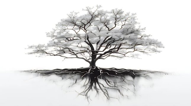 Intricate leafless tree with exposed roots on white