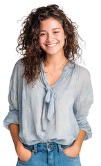 portrait of a happy latin woman wearing a casual blouse and jeans, standing with her hands in her pockets and smiling at the camera. transparent background.