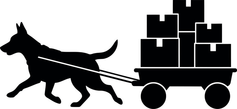 Silhouette of Working Dog Pulling Cart Loaded with Boxes for Delivery and Transport Concepts