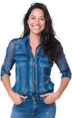 portrait of a happy latin woman wearing a casual blouse and jeans, standing with her hands in her pockets and smiling at the camera. transparent background.