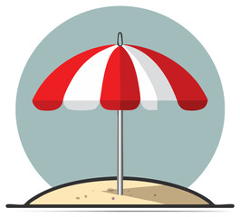 Obraz premium Red and white striped beach umbrella on the sand, a summer vacation cartoon vector icon