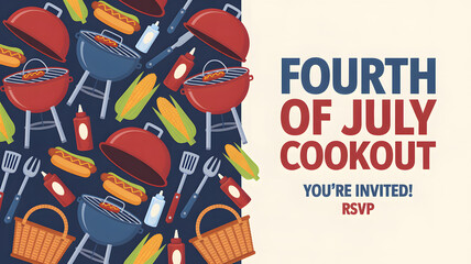 Fourth of july cookout invitation with barbecue grills and festive american elements