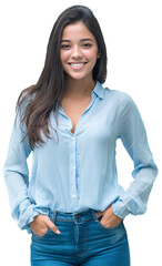 a realistic photograph of an attractive young smiling hispanic woman wearing a light blue blouse and jeans, hands in pockets, against a transparent background.