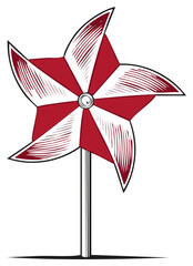 Vintage Style Red and White Pinwheel Toy Illustration with Windmill Design