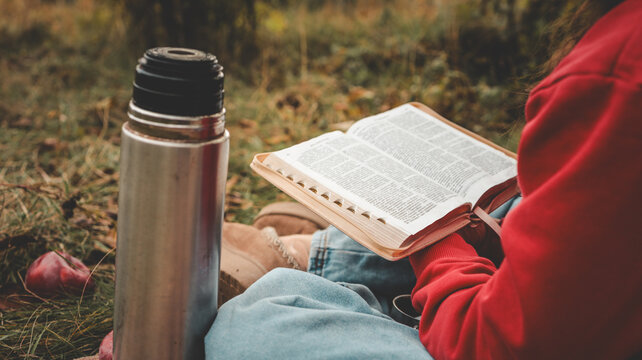 Person reading a book outdoors next to a thermos and apples on a grassy field