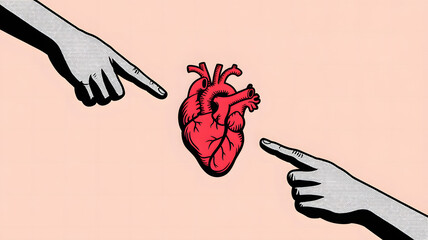 Two hands pointing to a heart in a pop art style illustration