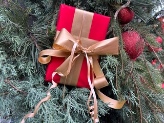 Christmas tree branches with red balls and a gift with a golden bow