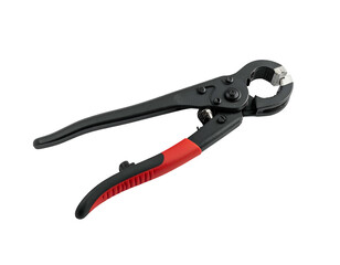 Obraz premium Black and red handled pliers with metallic jaw on black background