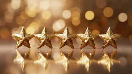Five Golden Three Dimensional Stars Standing in Row on Reflective Surface with Luxurious Bokeh Background Rating