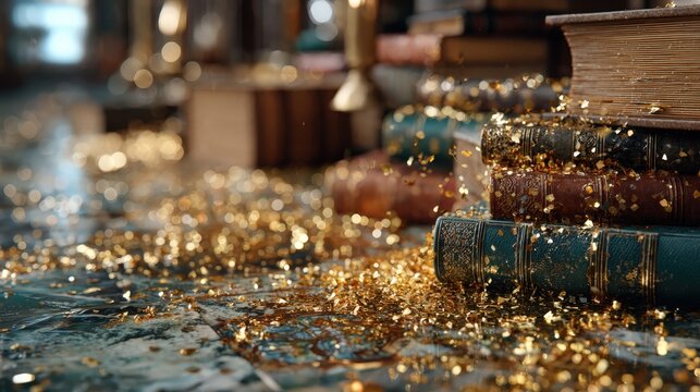 Scattered gold confetti surrounds old books in library on marble floor, suggesting a recent celebration or event