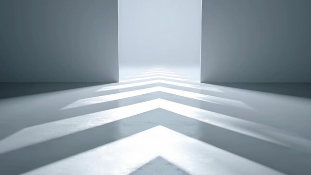 Abstract architectural space with light beams forming chevron patterns on the floor