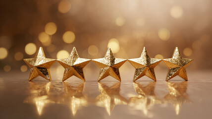 Five Golden Stars with Perfect Mirror Reflection on Glossy Surface Warm Bokeh Premium Rating Excellence Concept