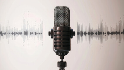A modern studio microphone with black sound waves on a white background. Conceptual concepts for audio recording, broadcasting, podcasting, music, voice communications, and sound technology.