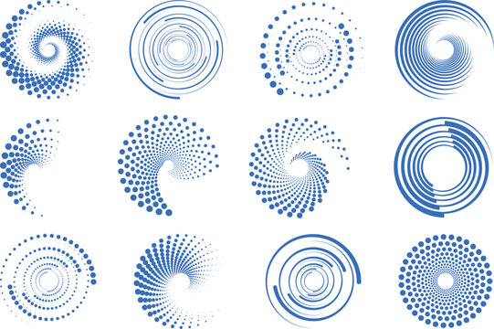 abstract blue circular dotted spiral and line vector collection, blue radial dot circles with swirl and concentric line shapes, modern circular dot geometry design set