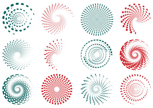 multicolor circular dotted spiral vector set, colorful radial dot circles and geometric swirl line shapes, modern circular dot geometry collection vector set
