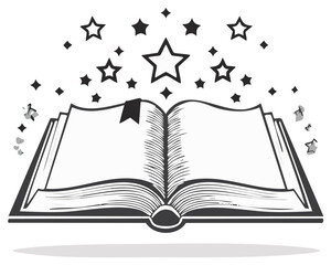 Open magic book with stars radiating upwards symbolizing imagination and knowledge