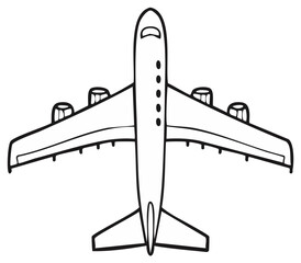 Simple black and white line art illustration of a passenger airplane from top view