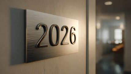 Industrial Style Metal Room Number Sign Twenty Twenty Six on Concrete Wall with Dramatic Side Lighting