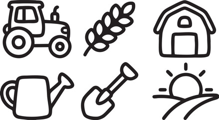 Black outline farm icons tractor barn wheat watering can shovel sunrise landscape vector © Laila