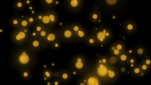 Abstract looping motion background with flying particles.Animated overlay with bokeh golden lights,seamless loop,Gold blurry bokeh background with lights particles on dark background, bokeh warm light