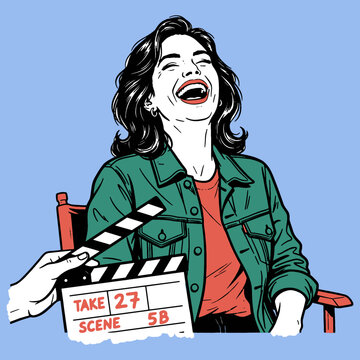 Hilarious Take: Pop Art Illustration of Actress Laughing on Film Set with Clapperboard (Take 27, Scene 5B)