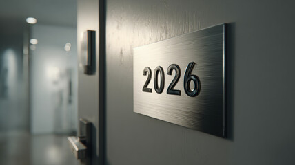 Modern Office Door Sign with Year Two Thousand Twenty Six Numbers on White Plate Corporate Interior Concept