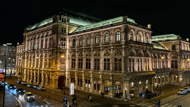 Vienna State Opera (Wiener Staatsoper) from the gallery viewpoint at night, historic opera house and opera company in Vienna, Austria