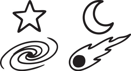 Black outline star crescent moon spiral galaxy and comet on white background vector © Laila