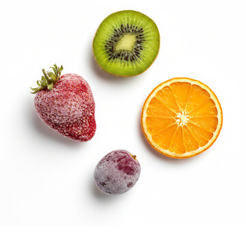 Top View of Frozen Mixed Fruits Including Strawberry, Kiwi Slice, Orange Slice, and Grape Isolated on White Background with Frost Texture