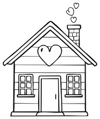 Cute house illustration with a large heart symbol and heart shaped smoke coloring page