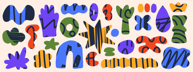 Playful vector artwork mixing doodle and geometric forms. Funky cutout shapes set. Great for modern prints, packaging, or creative branding