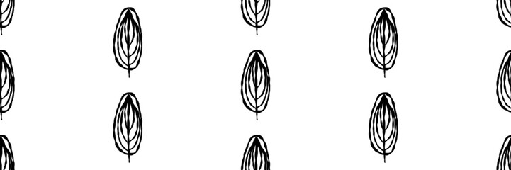 Minimal seamless pattern with black tea leaf doodles. Simple white background in hand drawn abstract style. Vector illustration on an isolated background.