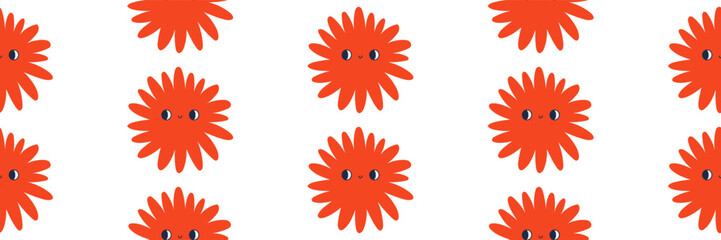 Seamless pattern with orange smiling flowers in retro groovy style. Cute vector background for summer decoration. Vector illustration on an isolated background.